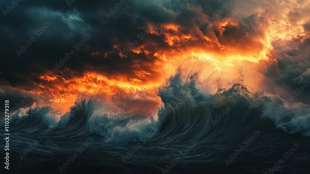 Naklejka premium Dramatic Ocean Waves Under Fiery Sunset Sky with Dark Clouds and Turbulent Waters Captivating Nature's Raw Power and Beauty