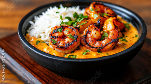 A bowl of shrimp and rice on a wooden table