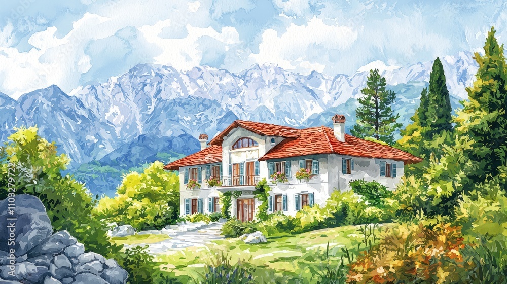 A White House with a Red Roof in a Mountainous Landscape A White House with a Red Roof in a Mountainous Landscape