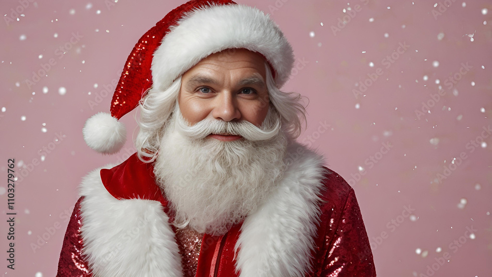 Portrait of a stylish, modern Santa Claus in close-up on a pink background. Creative. It is snowing, adding fabulousness and magic. Portrait of a stylish, modern Santa Claus in close-up on a pink background. Creative. It is snowing, adding fabulousness and magic.
