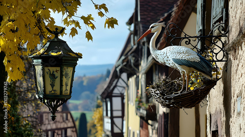 White Stork Nestled in Village Setting