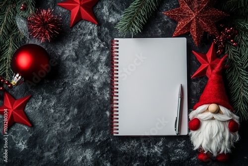 Blank notepad for a wish list or a wish list adorned with Santa Claus, accompanied by ink and a fountain pen. photo