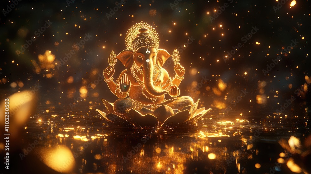 Radiant Lord Ganesha Illuminated by Sparkling Lights on a Serene Lotus Amidst a Mystical Background: A Symbol of Prosperity and Wisdom Radiant Lord Ganesha Illuminated by Sparkling Lights on a Serene Lotus Amidst a Mystical Background: A Symbol of Prosperity and Wisdom