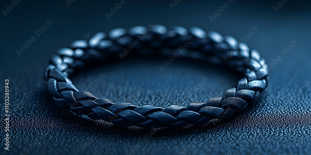Braided Leather Bracelet, Dark Blue Woven Accessory on Textured Surface