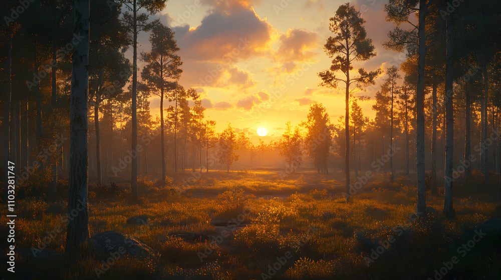 Golden Hour in the Forest, Sunlit Pines and Serene Meadow bathed in Warm Sunset Light Golden Hour in the Forest, Sunlit Pines and Serene Meadow bathed in Warm Sunset Light
