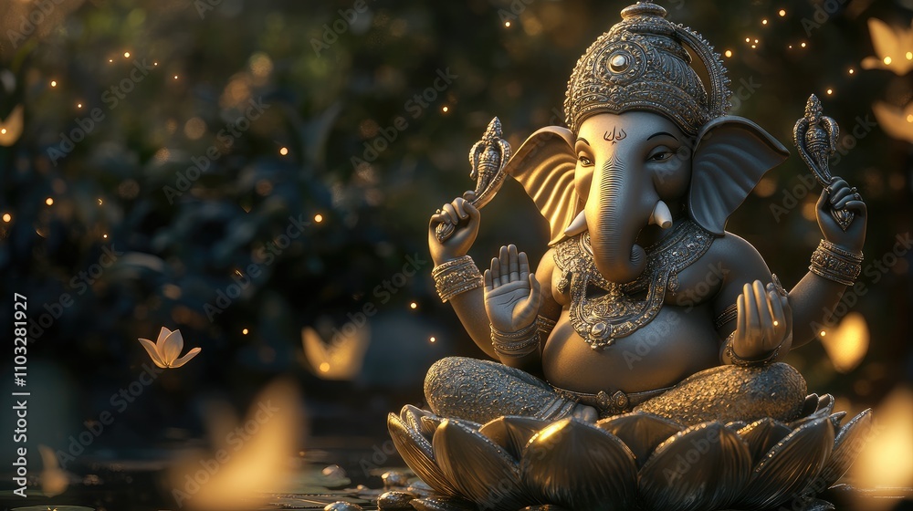 Fototapeta premium Serene Golden Ganesh Statue Surrounded by Soft Glowing Lights and Blooms in a Lush Garden Setting, Representing Peace, Prosperity, and Spirituality