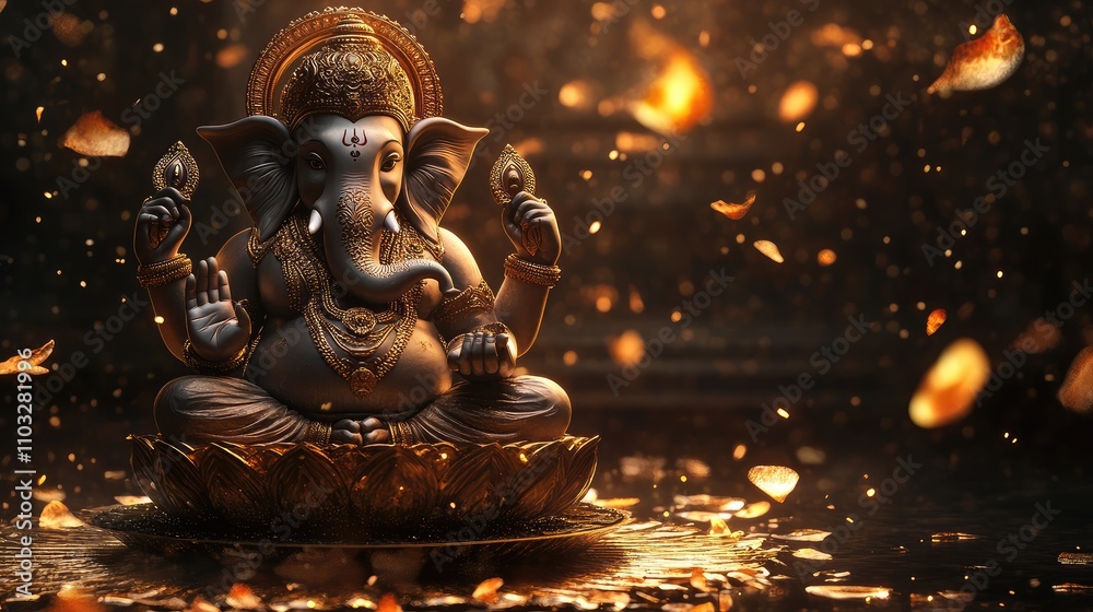 Intricate Golden Statue of Lord Ganesha Surrounded by Sparkling Petals and Warm Light in a Serene Atmosphere, Symbolizing Wisdom and Prosperity Intricate Golden Statue of Lord Ganesha Surrounded by Sparkling Petals and Warm Light in a Serene Atmosphere, Symbolizing Wisdom and Prosperity