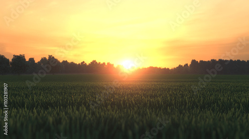 Field of grass with a bright sun in the sky. The sun is setting, casting a warm glow over the grass. The scene is peaceful and serene