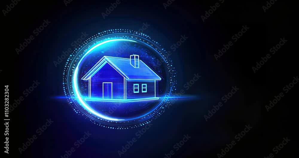 A glowing blue 3D house icon set against a technological background, highlighting innovation, real estate investment and trust in REIT platforms