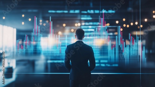 Business professional, analysing graphs representing business growth.