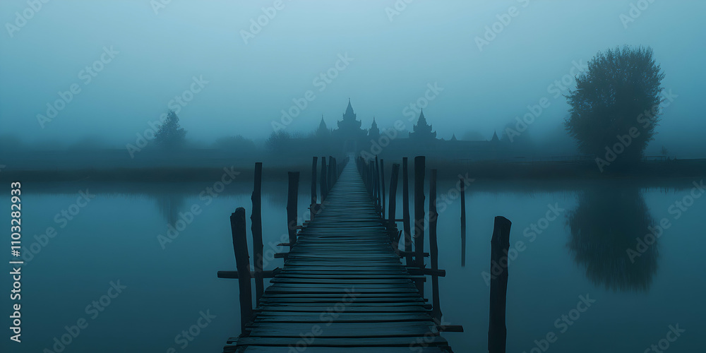 Naklejka premium Misty Morning, Wooden Bridge Leading to Ancient Temple