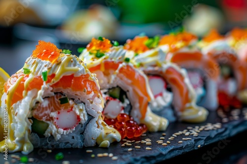 Uramaki sushi rolls with cream cheese, snow crab, cucumber, flying fish caviar, mayonnaise, lemonillustration photo