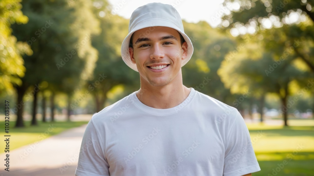 Young man wearing white t-shirt and white bucket hat standing in the park Young man wearing white t-shirt and white bucket hat standing in the park