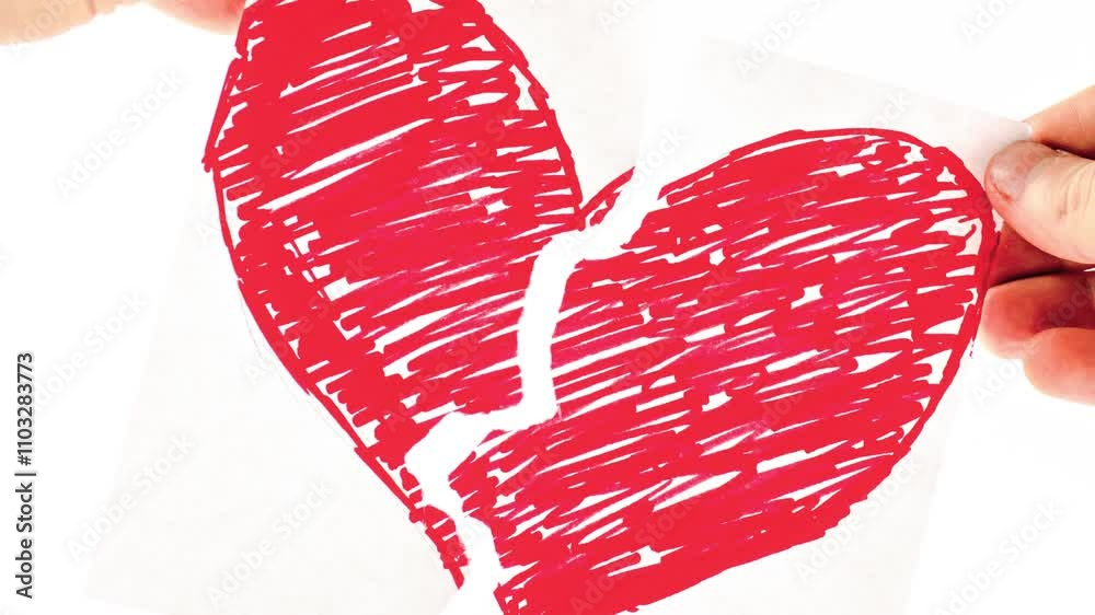 Torn heart drawn on paper. Breakup concept,dramatic relationship,animation.