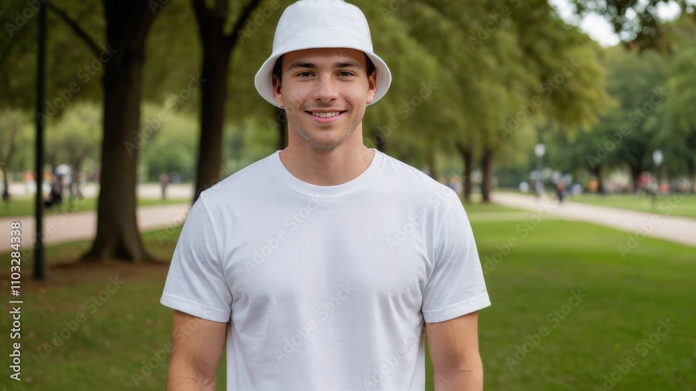 Young man wearing white t-shirt and white bucket hat standing in the park