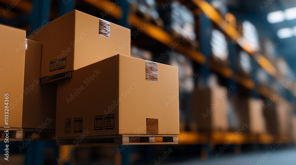 Smooth flow of packaging inventory in a high-tech warehouse, displaying digital systems and optimized stock movement process for e-commerce Smooth flow of packaging inventory in a high-tech warehouse, displaying digital systems and optimized stock movement process for e-commerce