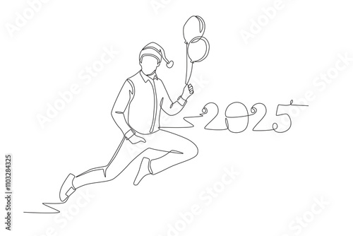 Man jumping while holding balloons to celebrate the new year 2025. New year 2025 concept one-line drawing