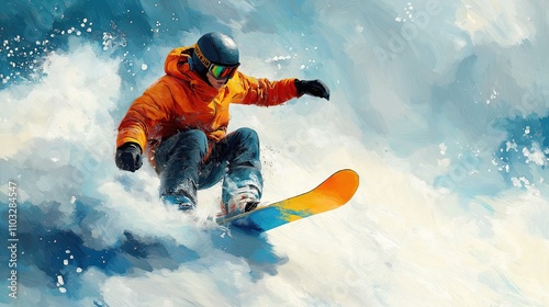 Illustration of snowboarder, in action, yellow and blue colors. minimalist style.