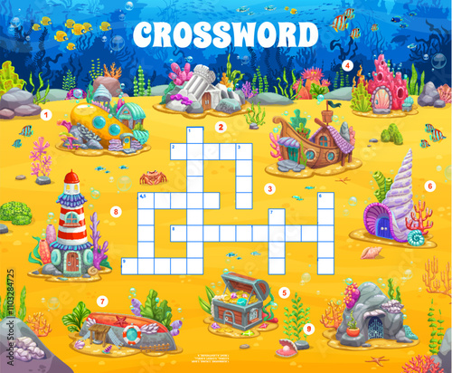 Crossword quiz game grid with cartoon underwater fairytale house buildings, vector worksheet. Kids crossword quiz game to guess cross words of undersea homes in sunken ship boat and lighthouse