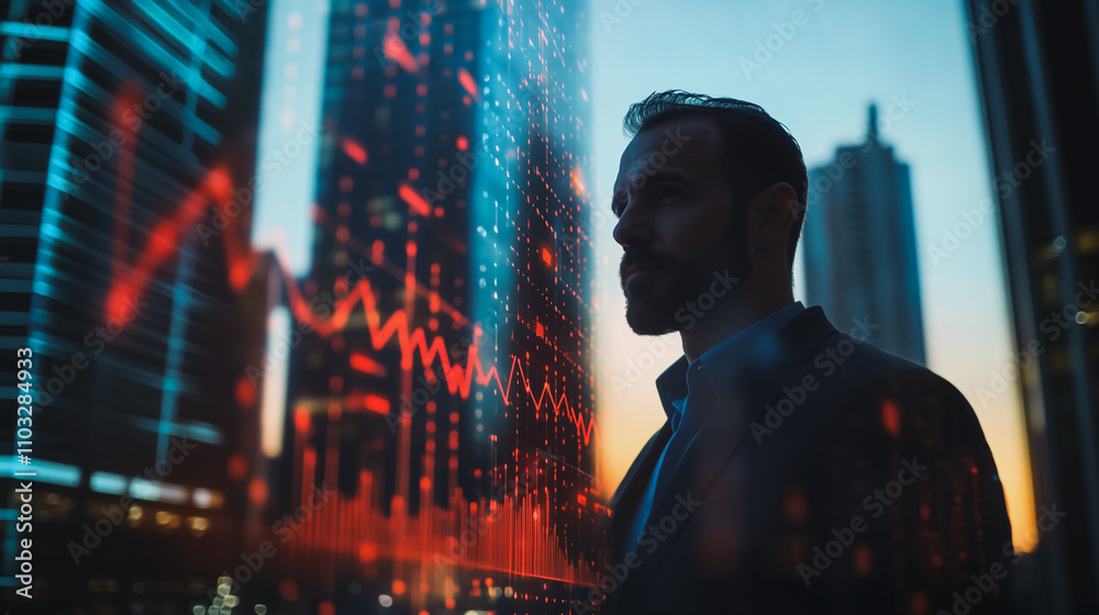 Abstract business man stands on the peak of success amid tall, innovative Smart city and graphs with statistics to analyze business potential and predict future developments in company growth. Abstract business man stands on the peak of success amid tall, innovative Smart city and graphs with statistics to analyze business potential and predict future developments in company growth.