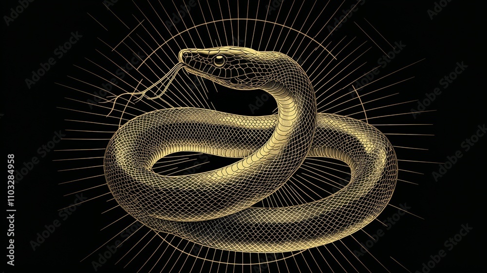 Obraz premium Chinese New Year 2025 snake golden red concept. Golden snake illustration on a dark background with geometric accents.