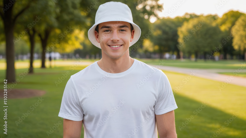 Young man wearing white t-shirt and white bucket hat standing in the park Young man wearing white t-shirt and white bucket hat standing in the park