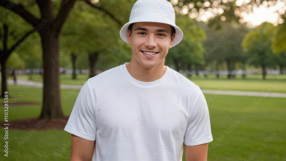 Young man wearing white t-shirt and white bucket hat standing in the park Young man wearing white t-shirt and white bucket hat standing in the park