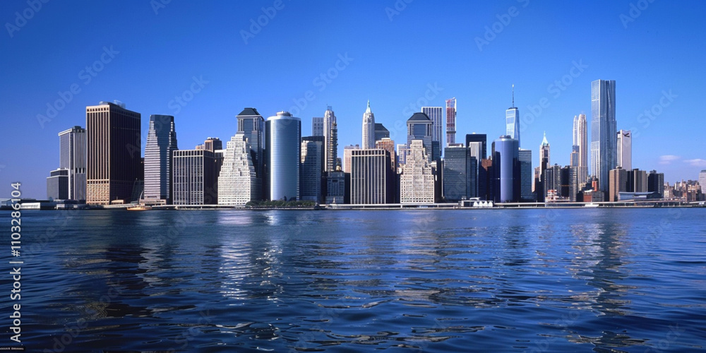 Naklejka premium Skyline of modern skyscrapers by a body of water under a clear blue sky.