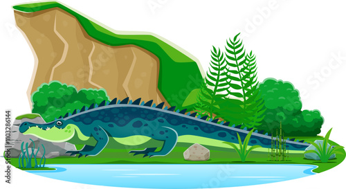 Sarcosuchus prehistoric dinosaur cartoon character. Isolated vector extinct genus of giant crocodyliform. Carnivorous dino lived during early cretaceous period standing prehistoric nature landscape