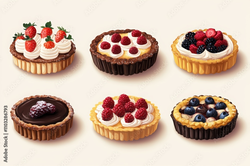 Set of different cakes and pies isolated on a white background. Cakes with berries, round-shaped cakes, chocolate tarts and jam-filled galettes Set of different cakes and pies isolated on a white background. Cakes with berries, round-shaped cakes, chocolate tarts and jam-filled galettes