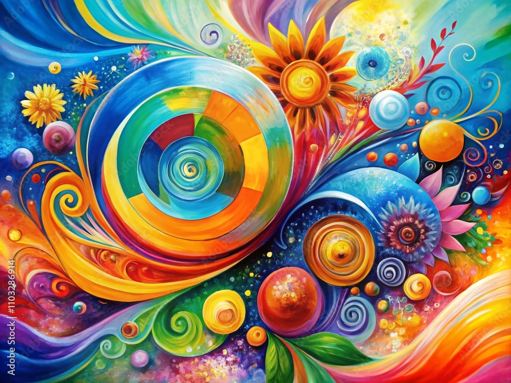 Abstract Painting of Bright and Cheerful Colors in a Rule of Thirds Composition for a Vibrant Artistic Display Abstract Painting of Bright and Cheerful Colors in a Rule of Thirds Composition for a Vibrant Artistic Display