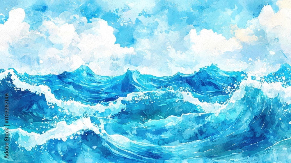 Abstract Watercolor Painting of Ocean Waves and Sky Abstract Watercolor Painting of Ocean Waves and Sky