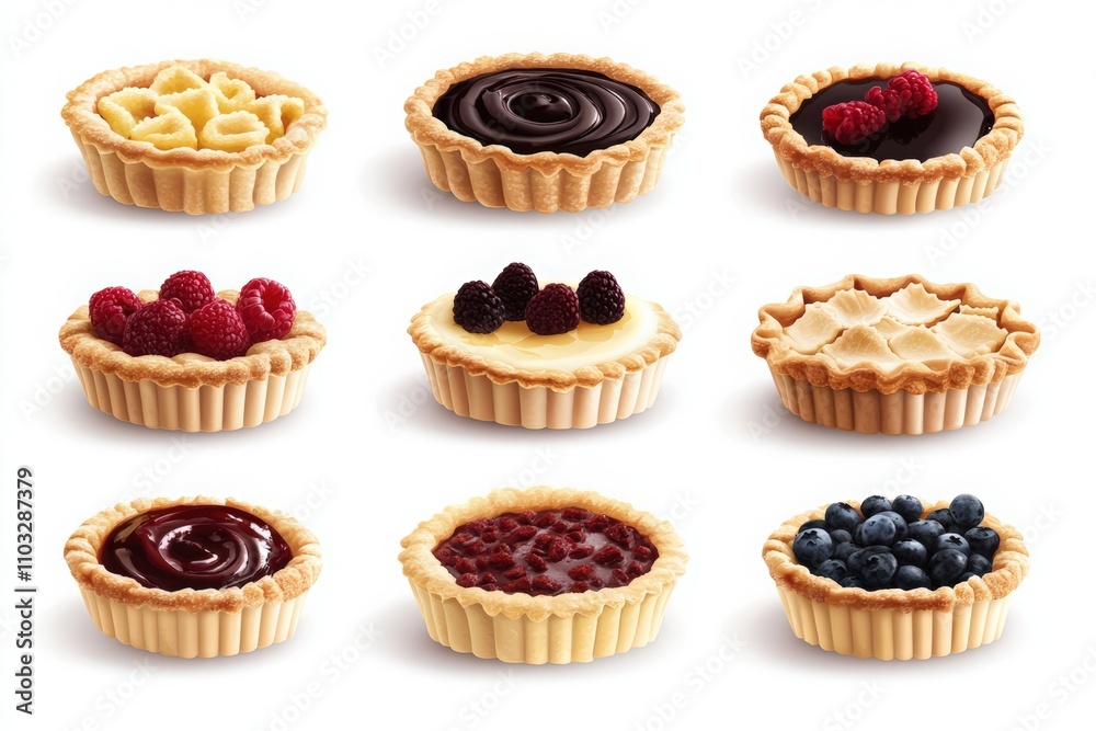 Set of different cakes and pies isolated on a white background. Cakes with berries, round-shaped cakes, chocolate tarts and jam-filled galettes Set of different cakes and pies isolated on a white background. Cakes with berries, round-shaped cakes, chocolate tarts and jam-filled galettes