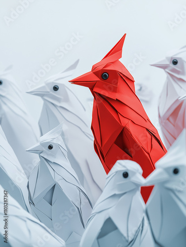 group of origami birds in white, with one red bird standing out as the leader. The background is plain and neutral to highlight them against it.  photo