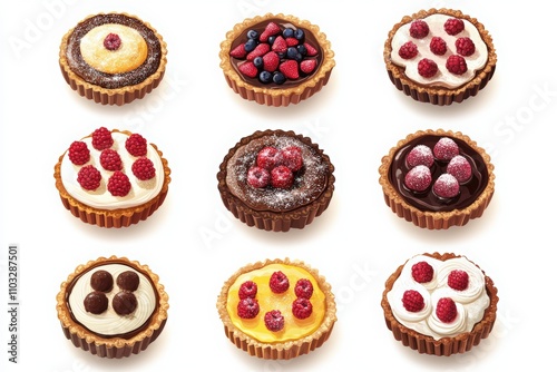 Set of different cakes and pies isolated on a white background. Cakes with berries, round-shaped cakes, chocolate tarts and jam-filled galettes