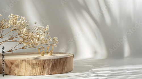 Imitation jewelry, golden bijouterie earrings on white background. White podium and dry flowers.
