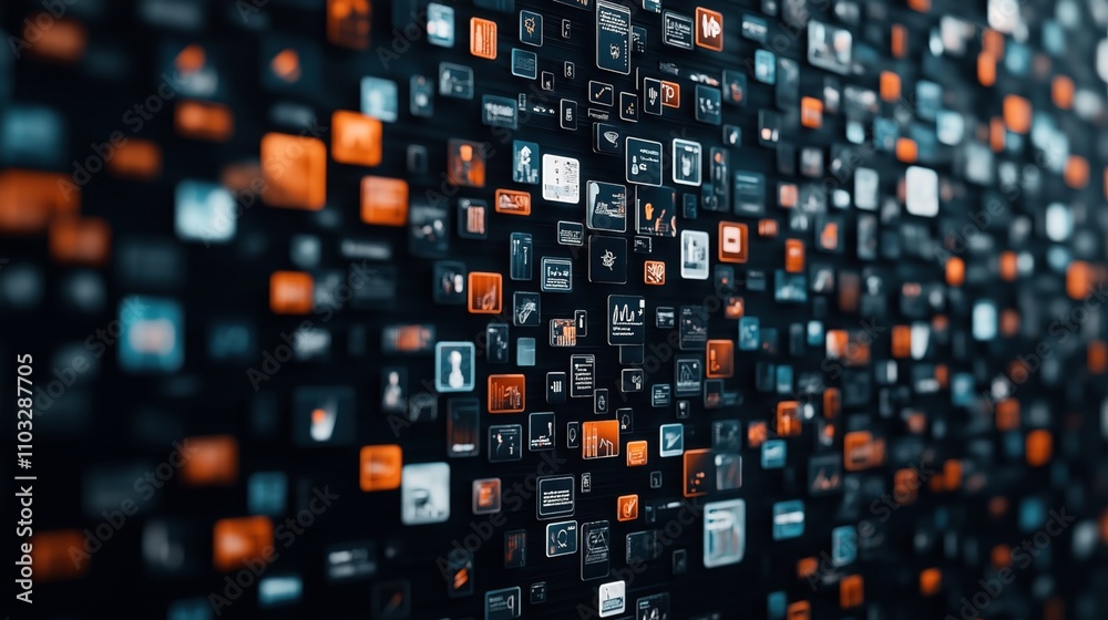 Obraz premium Abstract digital display with numerous orange, blue, and white micro screens featuring data graphs, icons, and text in a futuristic, high-tech setting.