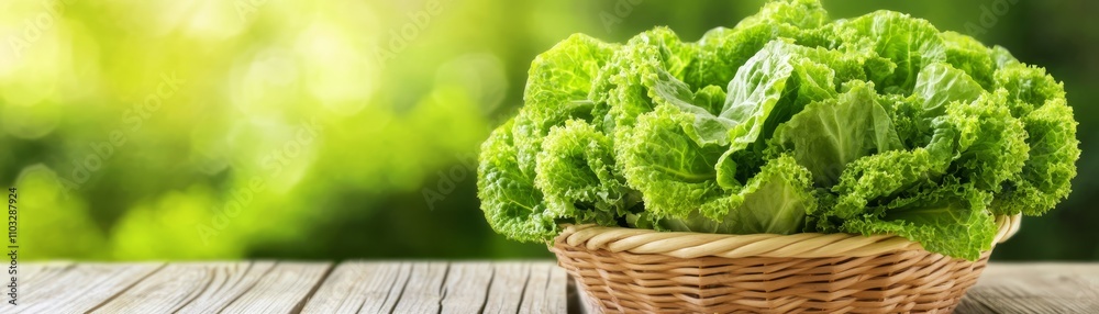 Fresh green lettuce leaves in a basket on rustic wooden table, still life of healthy eating Fresh green lettuce leaves in a basket on rustic wooden table, still life of healthy eating