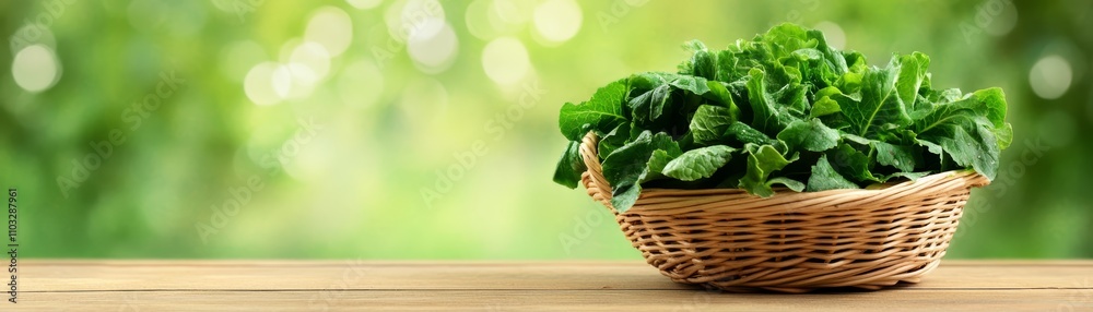 Fresh green leaves in basket on rustic wooden table, natural still life Fresh green leaves in basket on rustic wooden table, natural still life