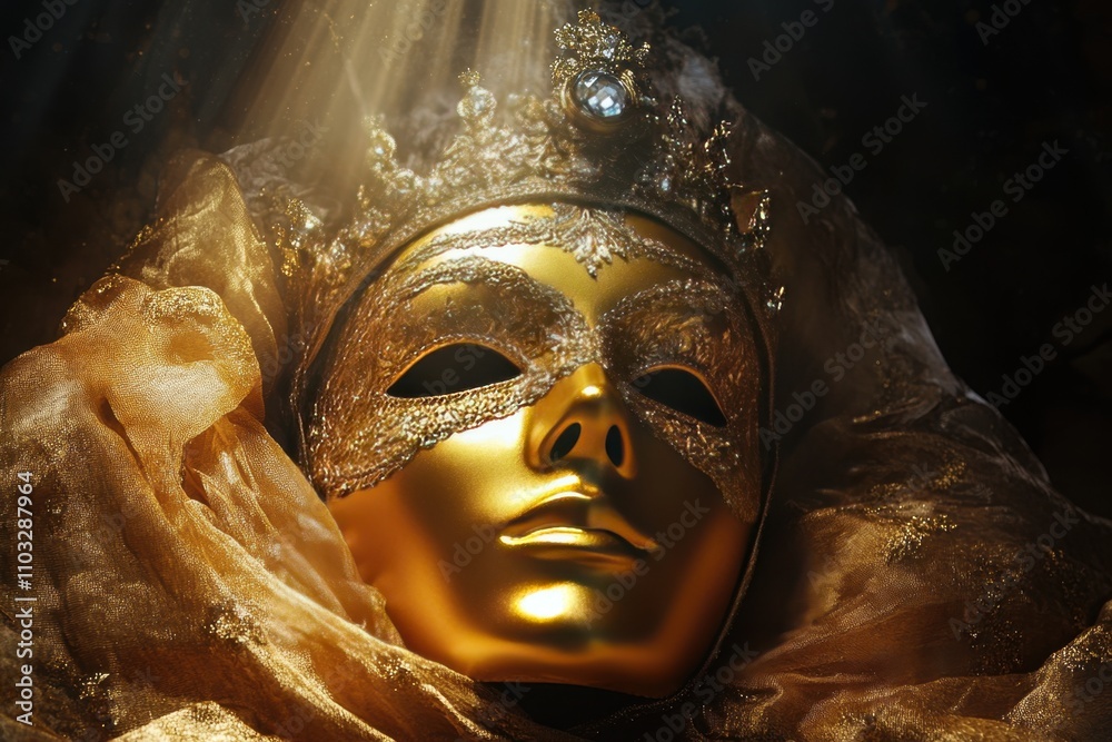A gold mask with a veil on top of it A gold mask with a veil on top of it