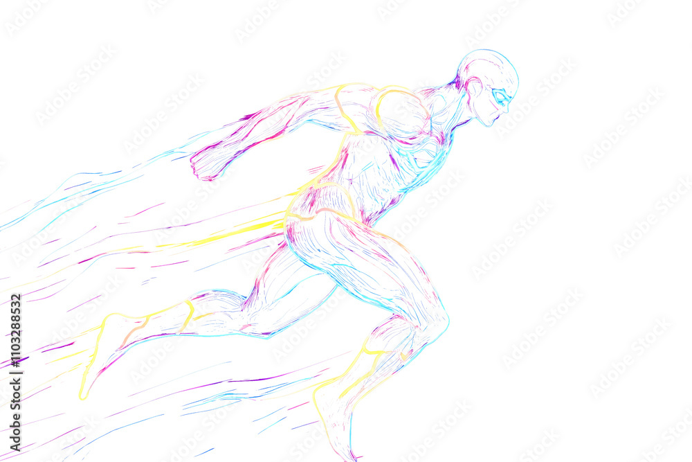 Obraz premium Neon outlines of superhero in action isotated on black background.