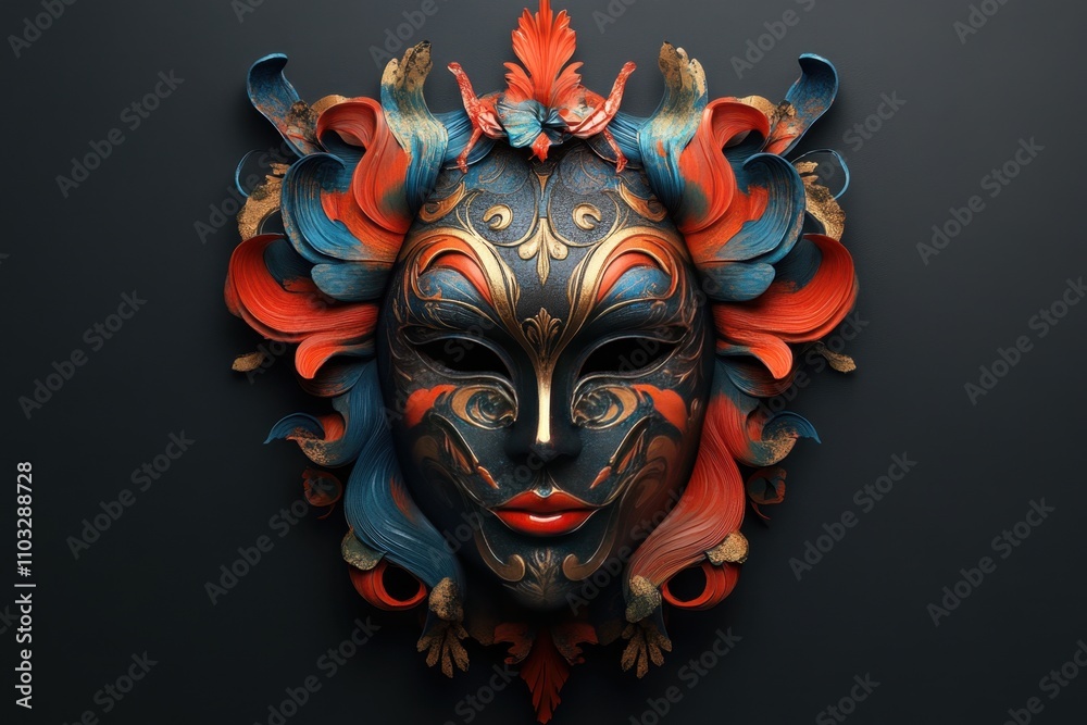 A colorful mask with gold trim and a red nose A colorful mask with gold trim and a red nose