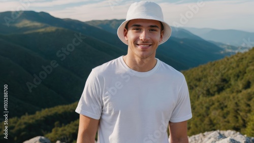 Young man wearing white t-shirt and white bucket hat standing on a mountain