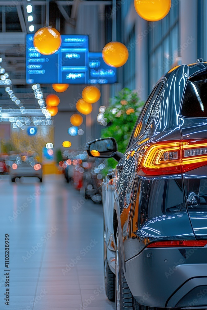 Sleek Car in Modern Showroom with Decorative Lighting Sleek Car in Modern Showroom with Decorative Lighting