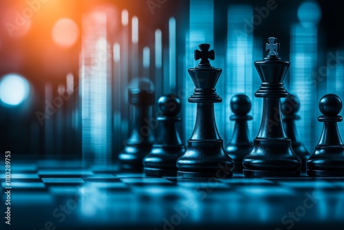 Chess pieces are ingeniously placed on a chessboard adorned with detailed stock market data, representing strategy and decision-making in financial scenarios. photo