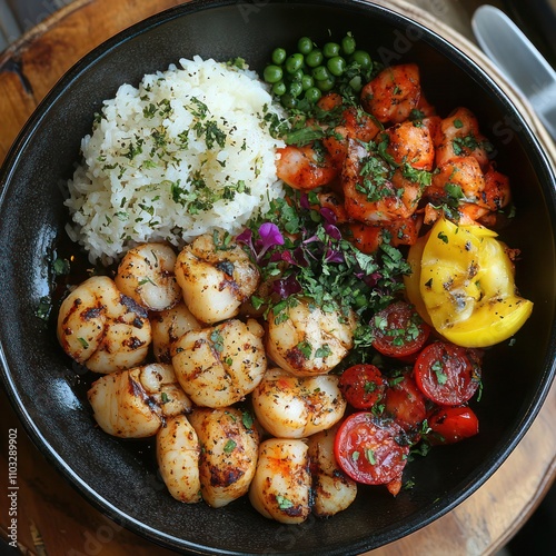 a bowl of delicious well marinated lobster tail garnished with herbs and spices, edible flowers and greens. photo