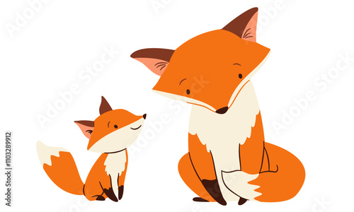 A set of flat vector illustrations in a simple children's style. Nice fox and her baby fox. Forest animals and their children. Vector illustration