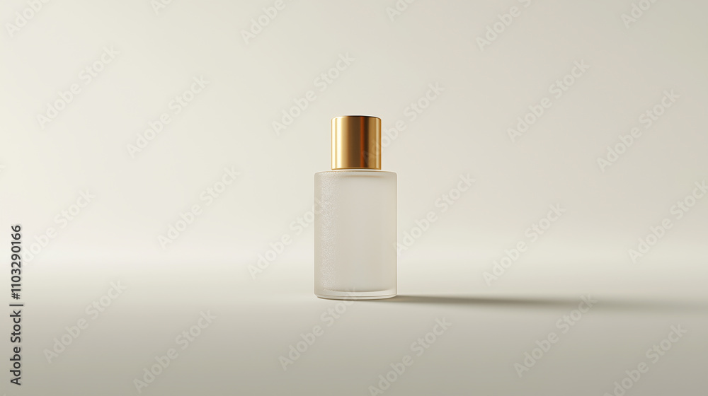 A minimalistic glass perfume bottle with a gold cap, placed on a clean white surface under soft lighting. A minimalistic glass perfume bottle with a gold cap, placed on a clean white surface under soft lighting.
