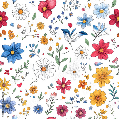 Floral flowers and beautiful colorful leaves wallpaper seamless pattern for interior decoration or background.