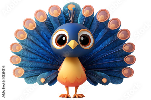3d render of peacock isolated on transparent background. png. clipart. Colorful 3D rendered peacock cartoon character with detailed feathers and cheerful expression, perfect for animal illustrations